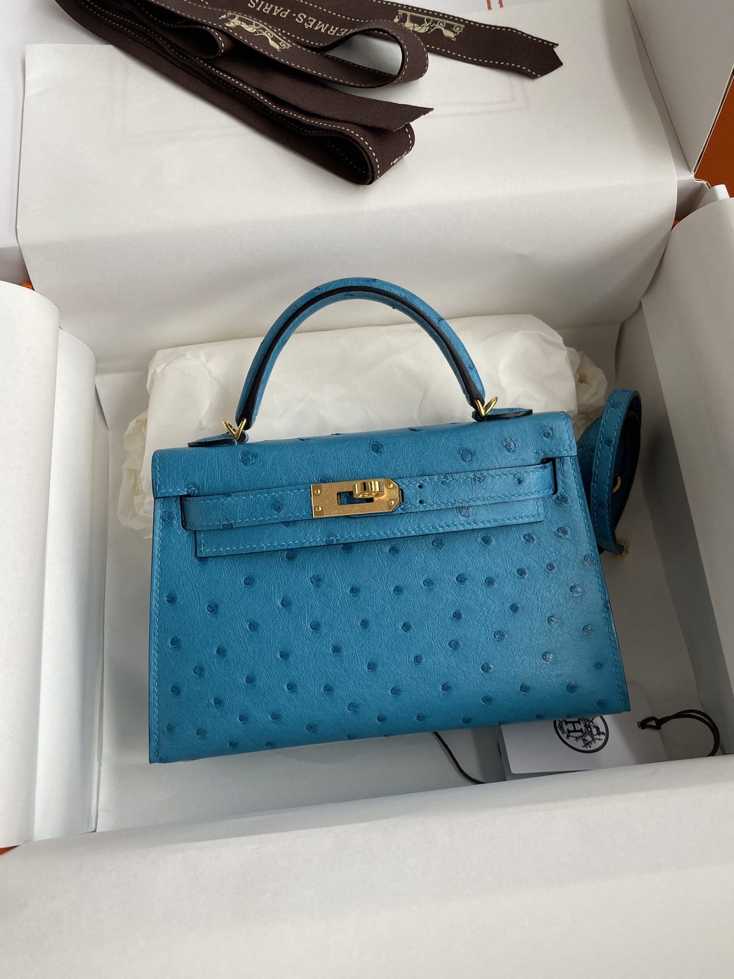 Hermes Kelly Mini II Bag 19CM In Blue Azteque Ostrich Leather